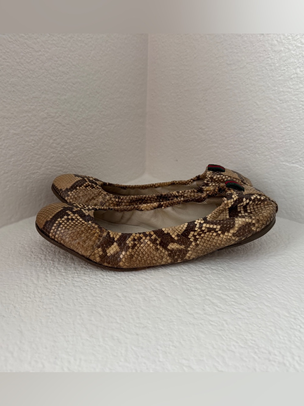 Authentic Gucci Web Accent Genuine Snakeskin Ballet Flats